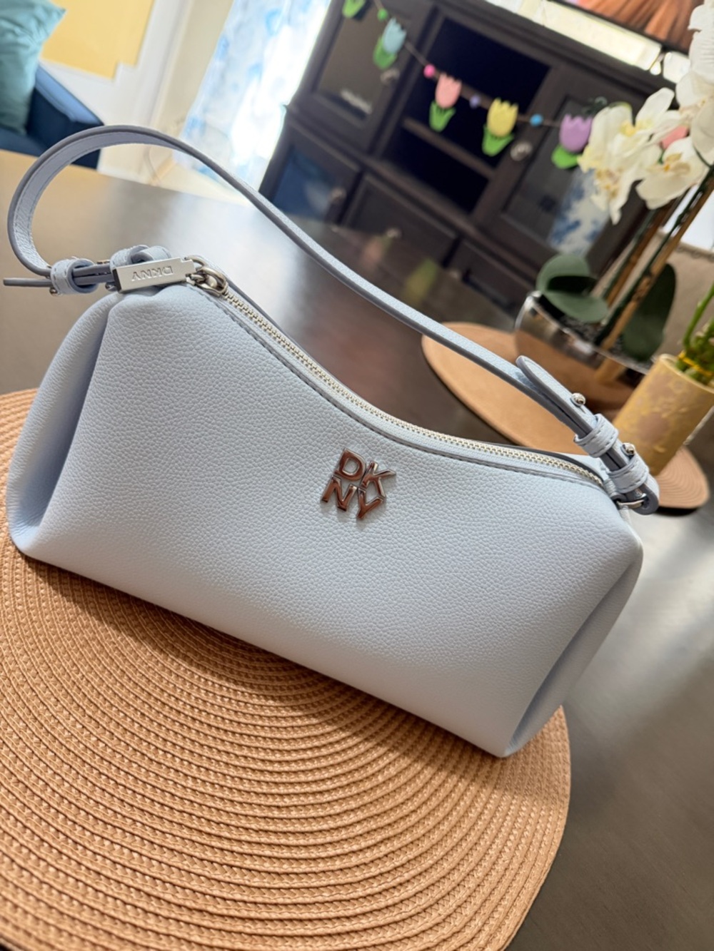 DKNY Powder Blue Pebbled Leather REMY SHOULDER BAG with Sliver Logo